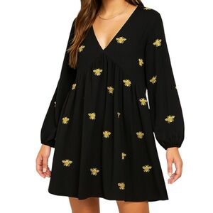 ASOS Design Black Bee Embroidered Babydoll Mini Dress Long Sleeve V Neck Size 4